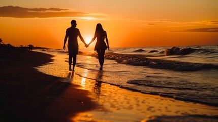 Romantic couple holding hands while walking along the beach at sunset, reflecting the sky's vibrant colors on the water's surface.