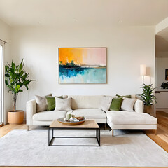 Elegantly furnished modern living room with a large abstract painting, white sofa, and indoor plants creating a tranquil, sophisticated space