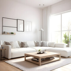Fototapeta premium Contemporary home setting with minimalist decor, comfortable sectional couch, and elegant coffee table in a bright and airy living room