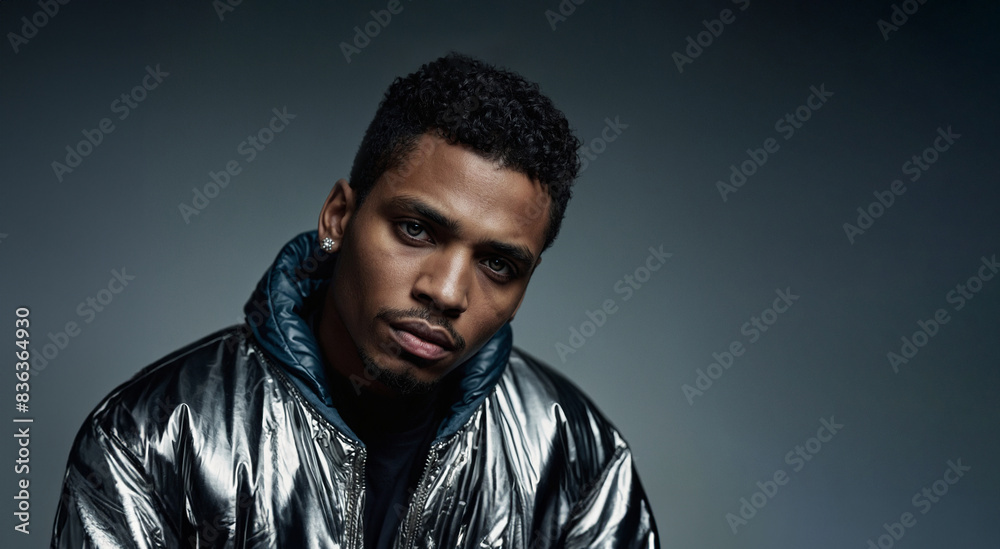 Poster Rapper with silver metalic jacket and bling earing. Handsome hip hop artist on solid background with copy space looking at the camera