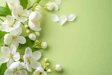 Fototapeta premium White spring flowers on a green background, empty space on the left.