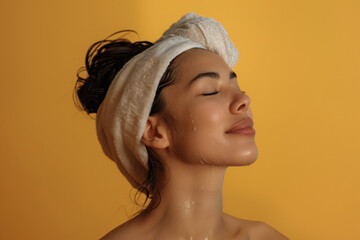 Fototapeta premium A close up of a woman after having a shower with her eyes closed looking to a side