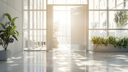 Spacious, sunlit modern office entrance with glass walls and lush green plants creating an inviting, airy atmosphere. Contemporary workspace design.