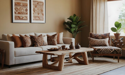 Warm and inviting living room featuring ethnic patterned cushions, wooden furniture, and a large plant beside a sunlit window