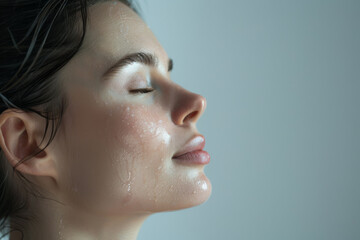 A close up of a woman after having a shower with her eyes closed looking to a side