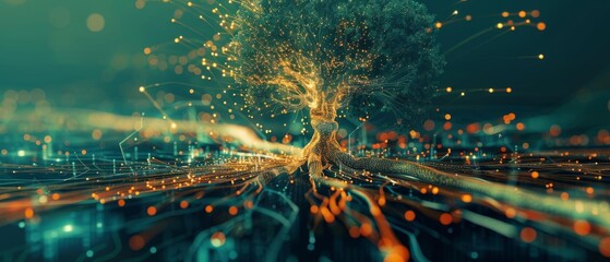 Fototapeta premium Abstract digital tree with glowing branches representing technological growth, innovation, and connection in a futuristic digital landscape.