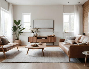 Fototapeta premium Elegant and stylish living room with natural light, wooden furniture, and a cozy beige sofa, showcasing contemporary home decor