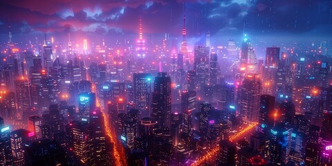 Fototapeta premium Vibrant Urban Glow: Neon-Lit Cityscape, generative ai
