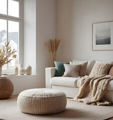 Inviting living room setting with cozy couch, textured throw, and neutral natural decor elements