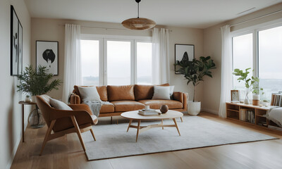 Fototapeta premium Stylish living room boasting a cozy brown sofa, wooden furniture, large windows, and elegant decor, offering a sleek, contemporary feel