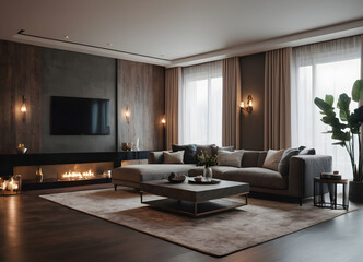 Sophisticated contemporary living room with a cozy fireplace, chic decor, and soft lighting in a refined neutral color scheme