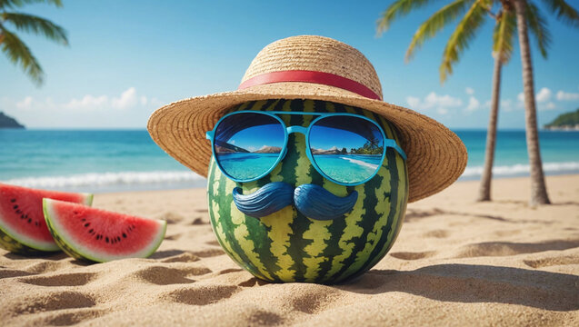 Past&egrave;que sur la plage en bord de mer avec lunettes de soleil et chapeau de paille