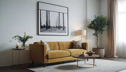 Stylish yellow sofa and elegant decor in a modern living room interior, creating a cozy and inviting atmosphere with framed artwork