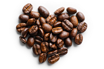 heart made of coffee beans isolated on a transparent background maintaining a translucent shadow, PNG resource, ready for design