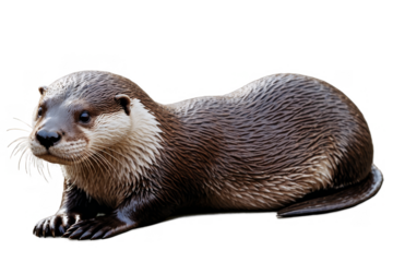 An adorable otter lies on its belly, carefully extracted onto a transparent, white background, ideal for png format