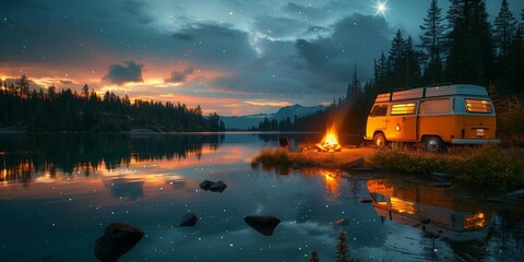 Retro Camper Van Retreat by the Lake, generative ai