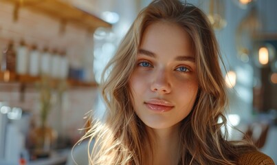 Beautiful brunette girl in the salon, receiving expert hair care. Skilled stylists attend to her, ensuring her hair looks flawless.
