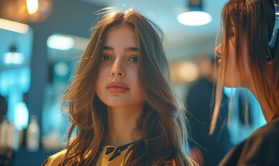 At the hair salon, a beautiful brunette girl enjoys professional hair care. Skilled stylists ensure her hair looks perfect and healthy.
