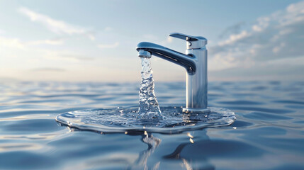 In the heart of the boundless ocean, a modern chrome faucet emerges, symbolizing the perpetual water cycle and emphasizing the essentiality of conserving ecological integrity