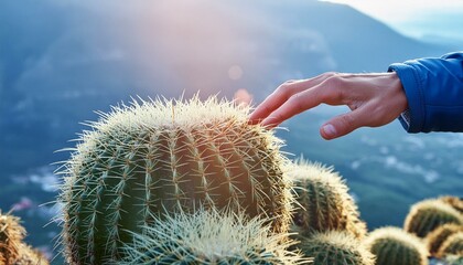 Touching a cactus spine, people taking care of the cactus plant