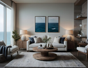 Tranquil coastal living room design with nautical wall art, comfortable seating, wooden decor, and gentle lighting for a serene ambiance