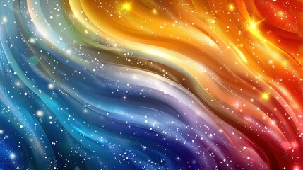 Rainbow background featuring white, blue, and yellow swirls, waves, and curves. The colorful and fluid design offers a visually appealing and lively effect, ideal for various creative uses