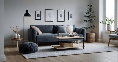 Stylish minimalist living room featuring a cozy gray couch, framed wall art, and natural light filtering through large windows