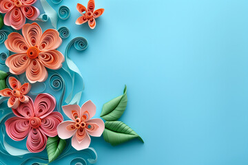 Obraz premium Quilling paper flowers shapes. Quilling paper curls and rolls banner in an abstract panel with copy space. Filigree paper colored background. Quilling hobby examples.