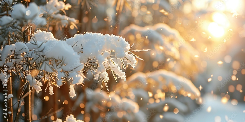 Poster Snowy Serenity: Tranquil Bamboo Forest, generative ai