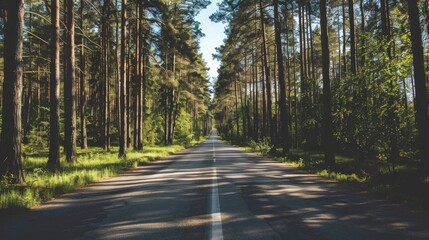 Naklejka premium A sunny day with a long deserted road flanked by tall trees