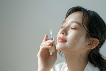 Obraz premium Radiant Korean Girl Applying Serum with Dewy Skin in Natural Light, Copy Space for Text.