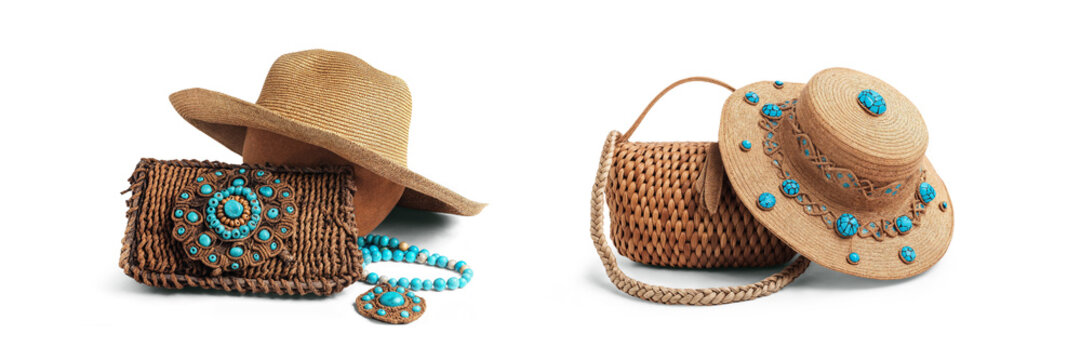 set of raffia or raphia hat and hand bag made of straw for sunny summer holiday and vacation accessories design, isolated on transparent png background
