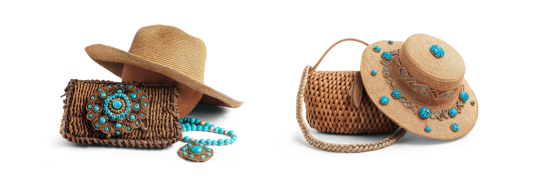 set of raffia or raphia hat and hand bag made of straw for sunny summer holiday and vacation accessories design, isolated on transparent png background