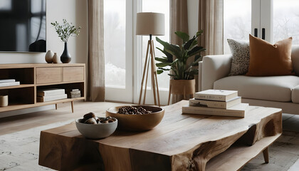 Inviting home atmosphere with wooden furniture, comfortable sofa, and decorative plants in a cozy living room