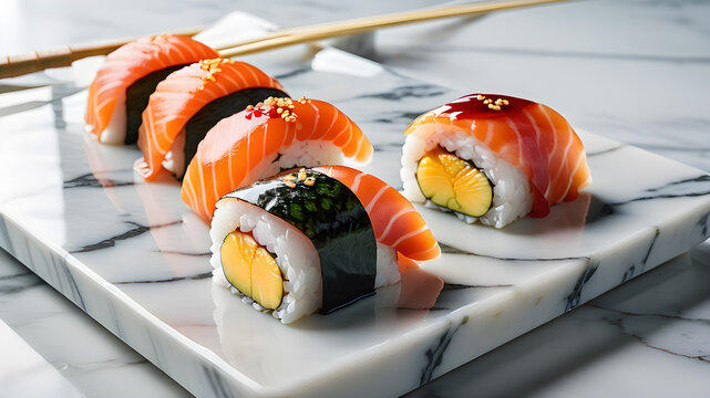 Tamago nigiri with hashi and vasabi isolated on white marble. Generative AI