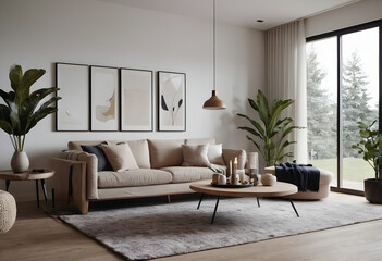 Modern living room with a cozy beige couch, trendy art, and vibrant indoor greenery overlooking a calm outdoor scene