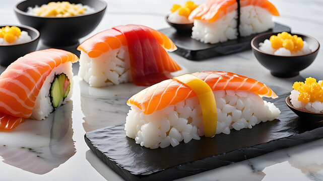 Tamago nigiri with hashi and vasabi isolated on white marble. Generative AI