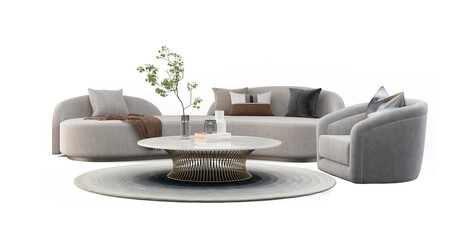 Modern white sofa and armchair set for living room.Isolated PNG