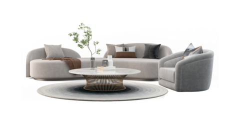 Modern white sofa and armchair set for living room.Isolated PNG