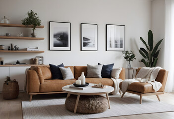 Chic living room with a cozy caramel leather sofa, armchair, wooden coffee table, and peaceful wall art in a neutral environment