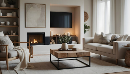 Elegant living room with a cozy fireplace, comfortable couch, stylish decorations, and a calming neutral color scheme