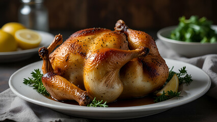 crispy and juicy roasted chicken on a plate, a mouthwatering delight sure to tantalize taste buds, Crispy, juicy roasted chicken plated to perfection.