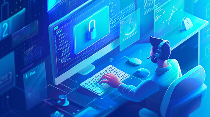 Illustration highlighting cyber security online depicting cybersecurity concept on the internet with a user entering a password on a computer for secure access