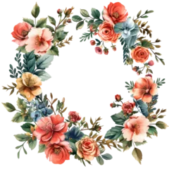 Gardinen Floral wreath with colorful flowers and green leaves, perfect for decorative and design projects. transparent backgrounds © BoOm