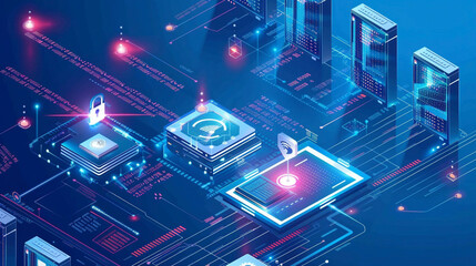 Illustration illustrating network data security in isometric style featuring an online server protection system concept with a datacenter or blockchain 