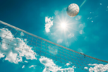 Summer seascape with beach volleyball ball and net, clear blue sky, ideal for travel brochures, vacation package ads, and sports event announcements, with plenty of copy space for additional details