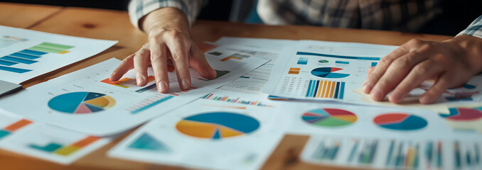 Close-up of man's hands analyzing financial charts on office desk. Suitable for corporate training materials, financial analysis workshops, business coaching sessions, and strategic planning resources