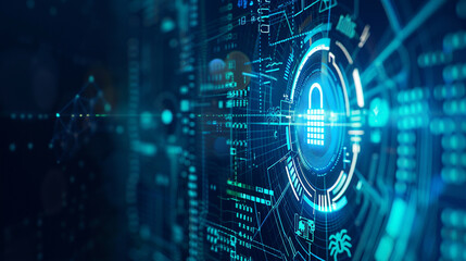 Illustration of cyber security and digital data protection featuring an icon graphic interface displaying secure firewall technology for online data access defense against hackers