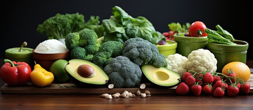 clean healthy foods: fruit, vegetables, whole grains, superfoods, cereals, leaf vegetables