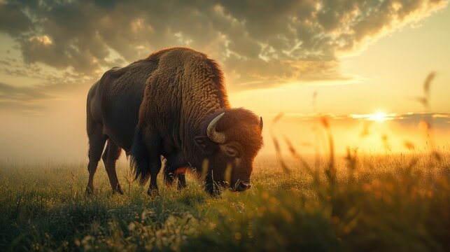 A buffalo grazes on grass during the morning